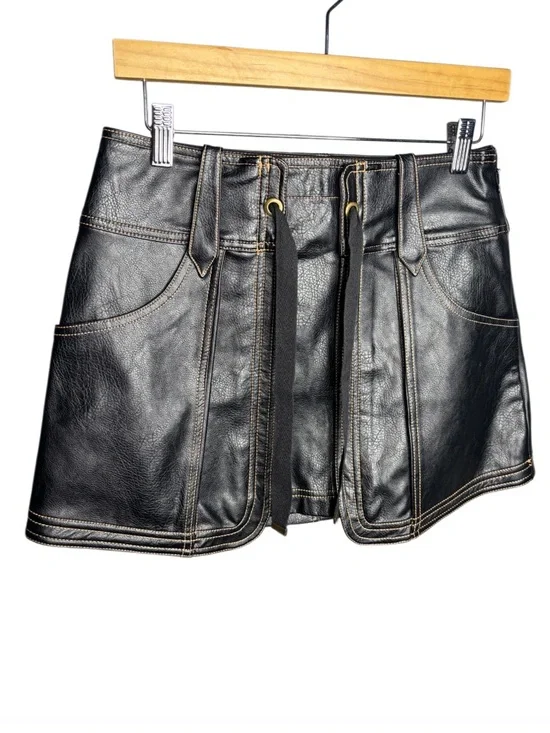 Pilcro | Faux Leather Mini Skirt | Black Panel Lace-Up | Anthropologie | Size 2 - Picture 3 of 7